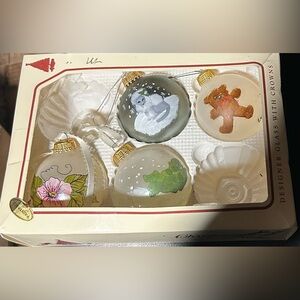 4- Vintage Hand-Painted Glass Christmas Ornaments - Floral, Cat & Teddy Designs